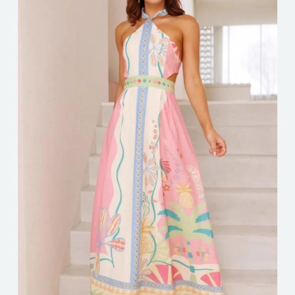 Halter Maxi Dress in Pink Floral Print